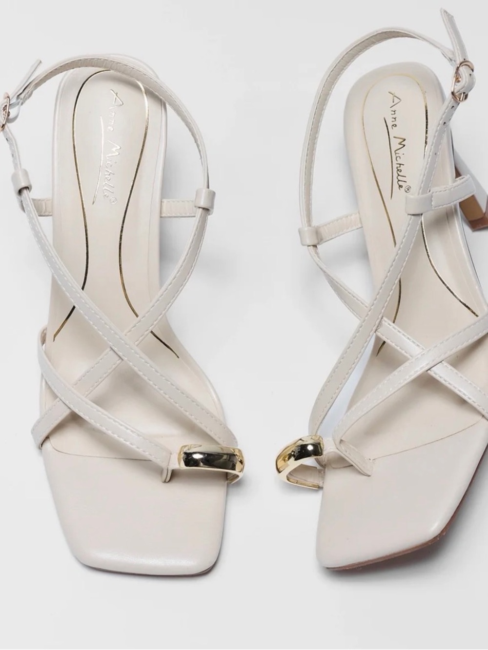 Anne Michelle Cream Strappy Block Heels with Gold Accent - Picture 3 of 6